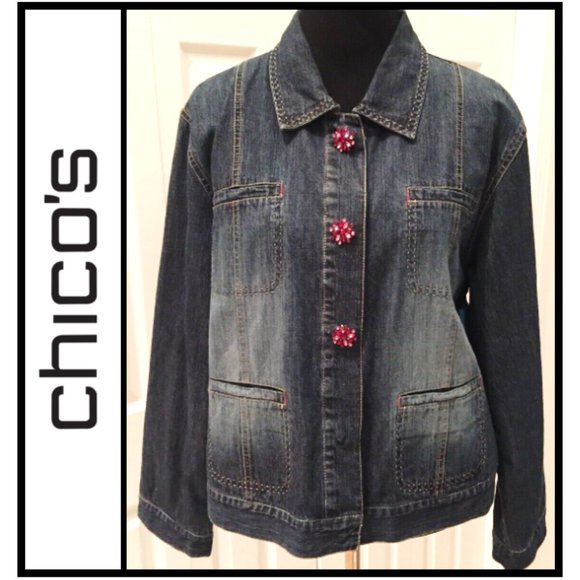 Chico's Jackets & Blazers - Chico’s L Pink Flower Close Dark Wash Jean Jacket